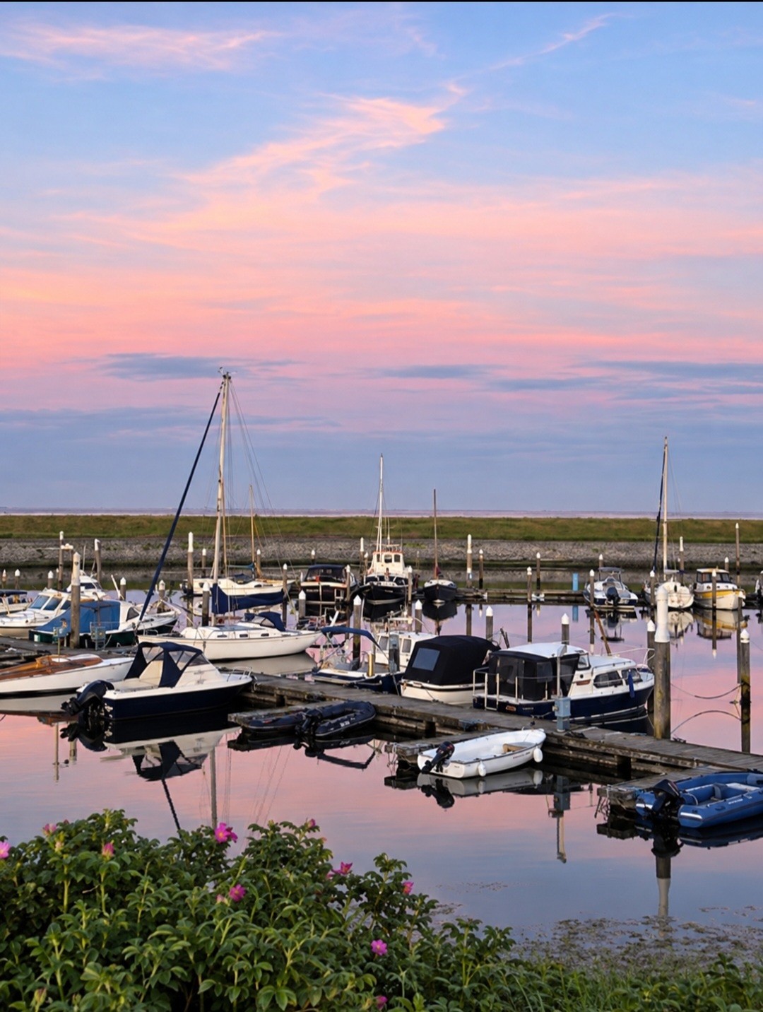 De jachthaven van Oudeschild bij zonsondergang